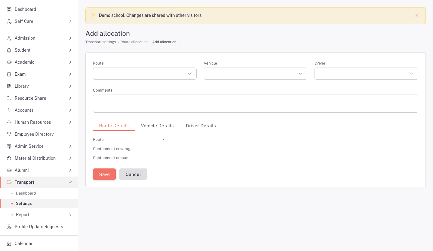 The Add allocation form with Route, Vehicle, Driver, and Comments fields