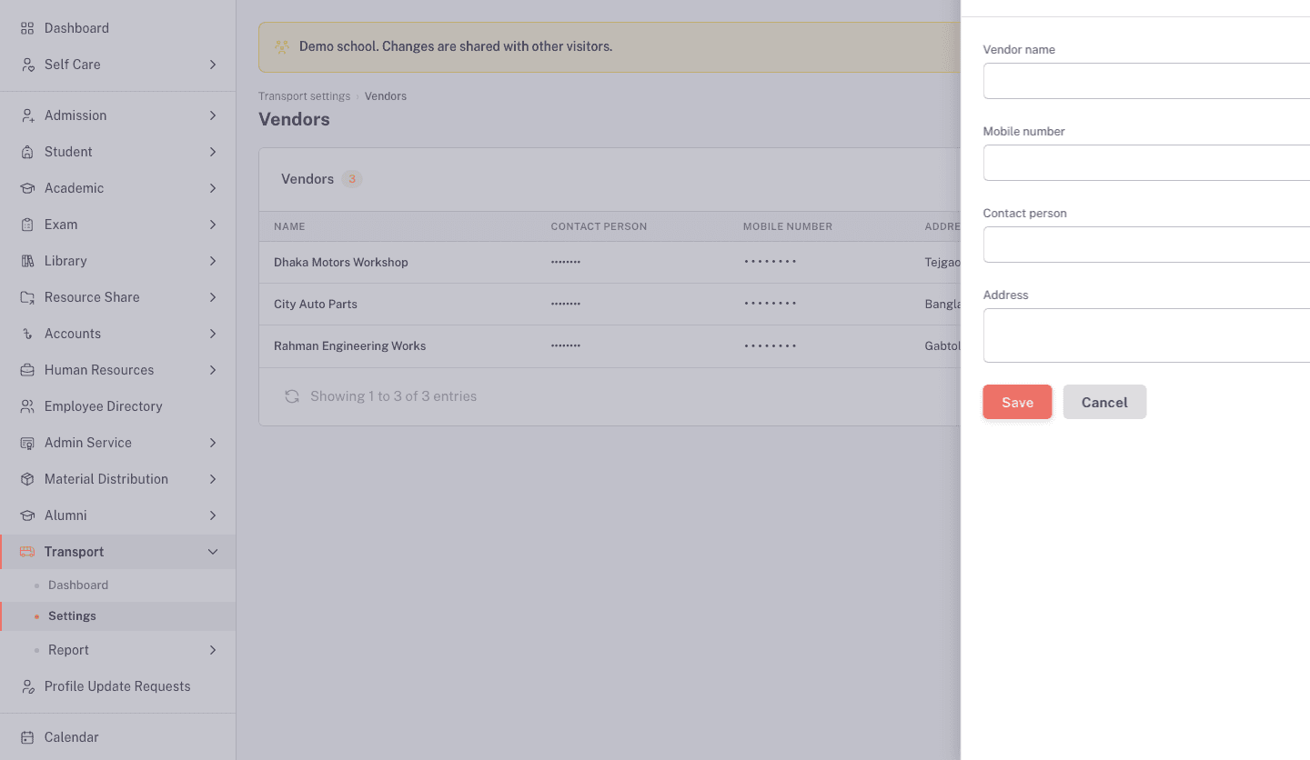 The Add vendor drawer with contact details and existing contact data masked
