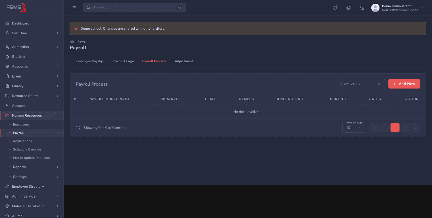 The Payroll Process tab in its current empty state, with all four payroll tabs visible