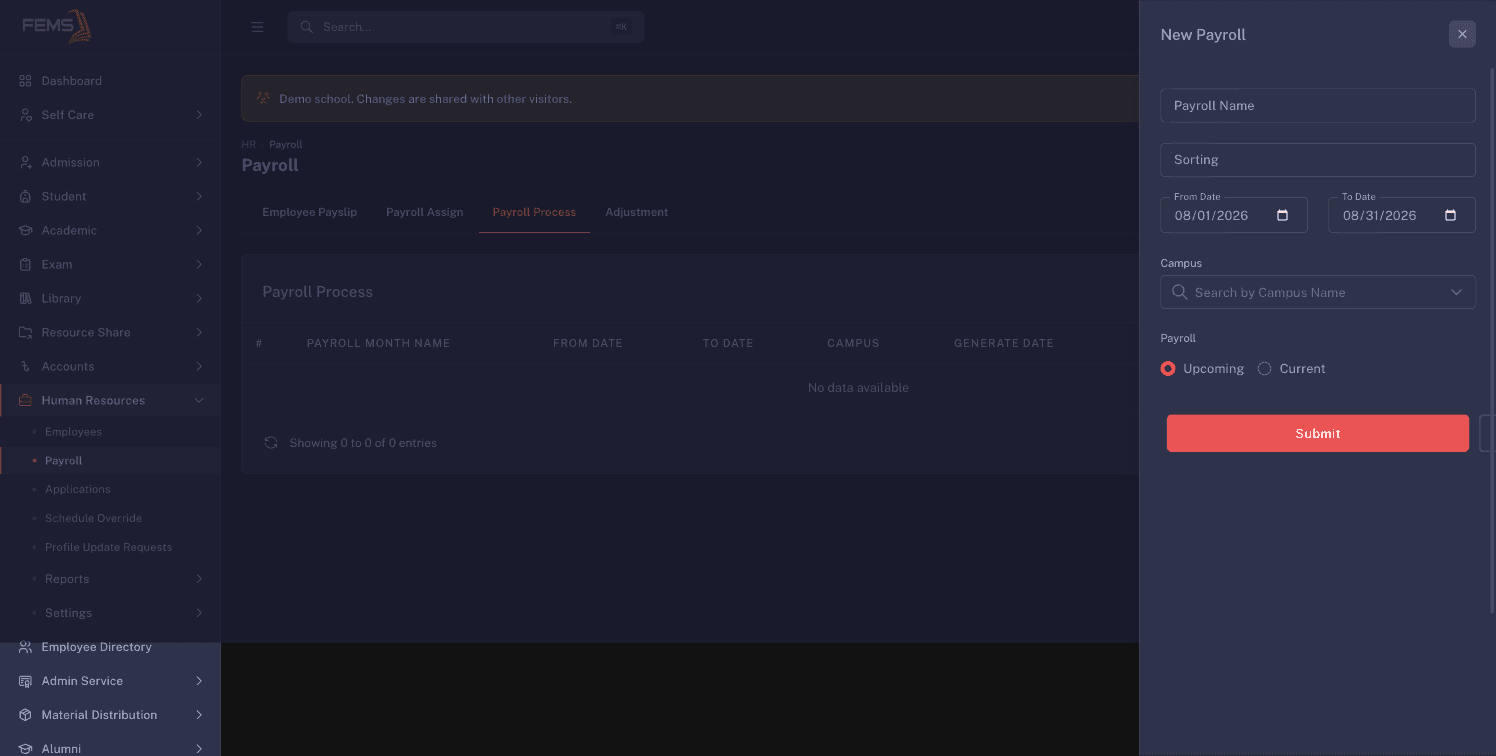 The complete New Payroll drawer with Payroll Name, Sorting, date range, Campus, and Payroll status