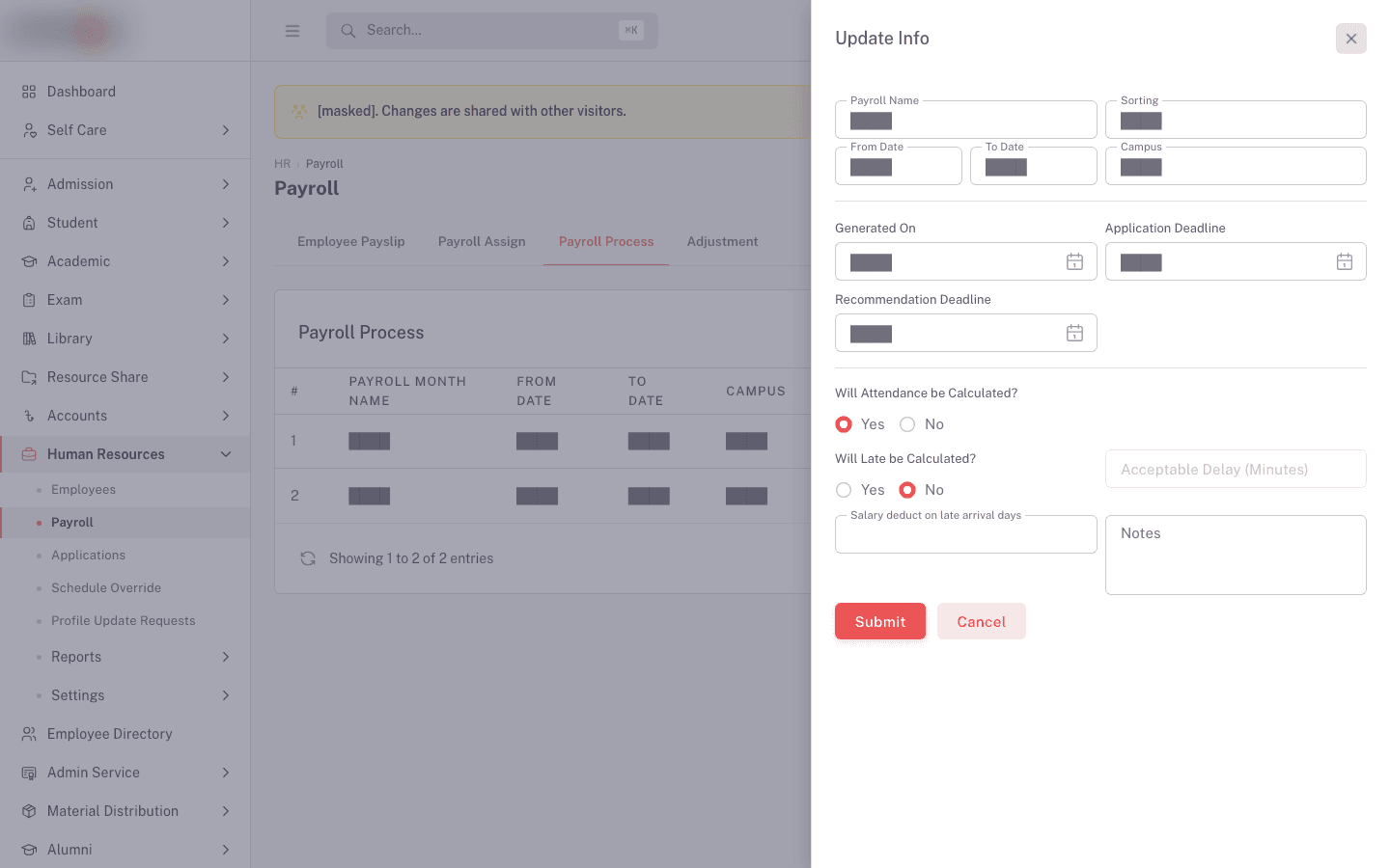 Update Info drawer with period recap, deadlines, attendance, and late fields