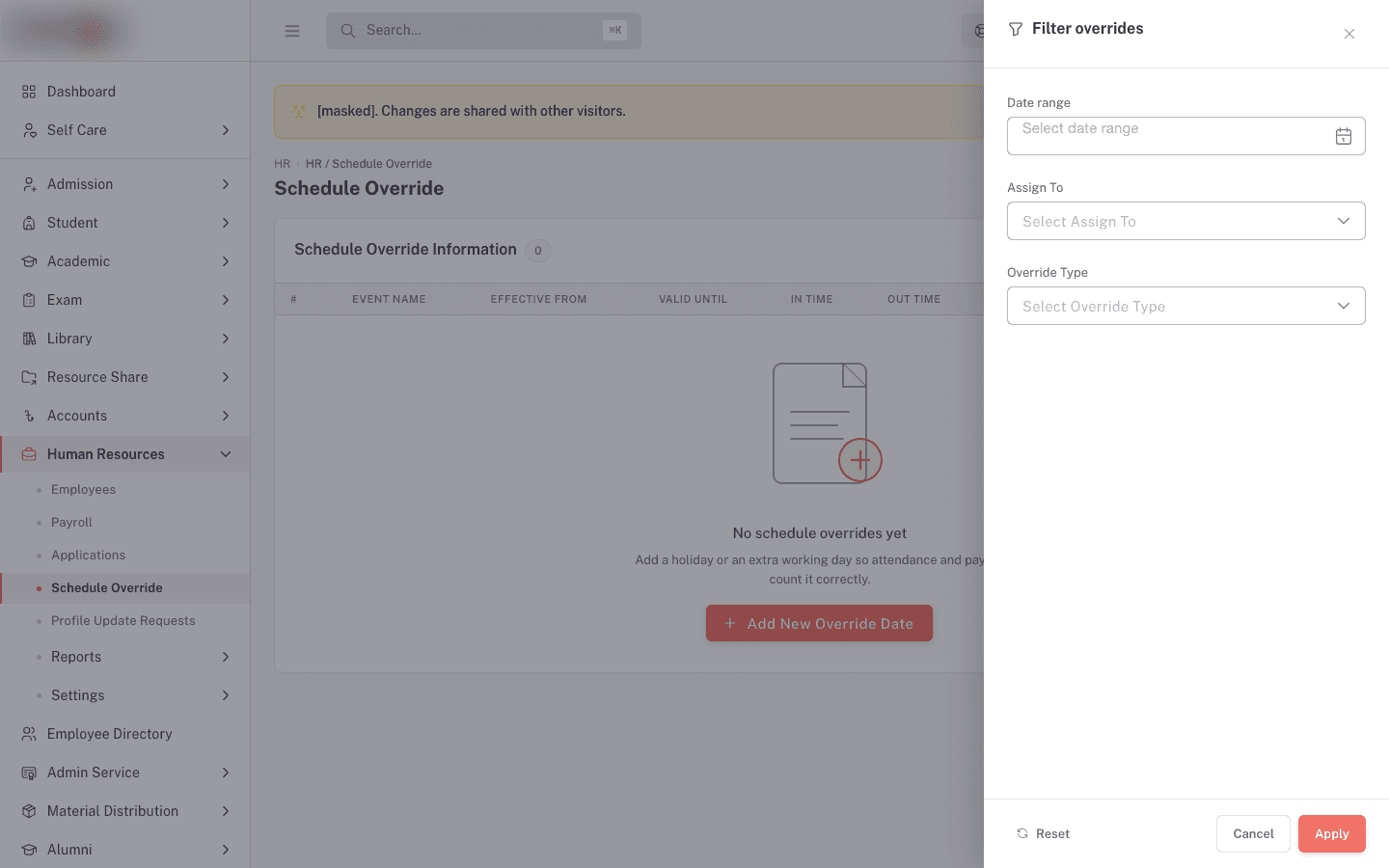 Filter overrides drawer with Date Range, Assign To, Override Type, and Apply