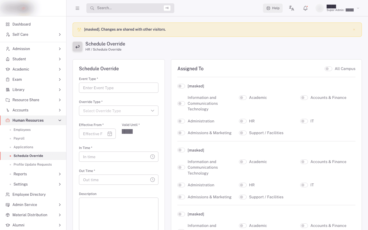 Schedule Override Assigned To card with All Campus and department grid