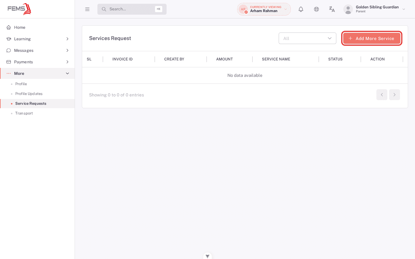 Services Request list before adding a service