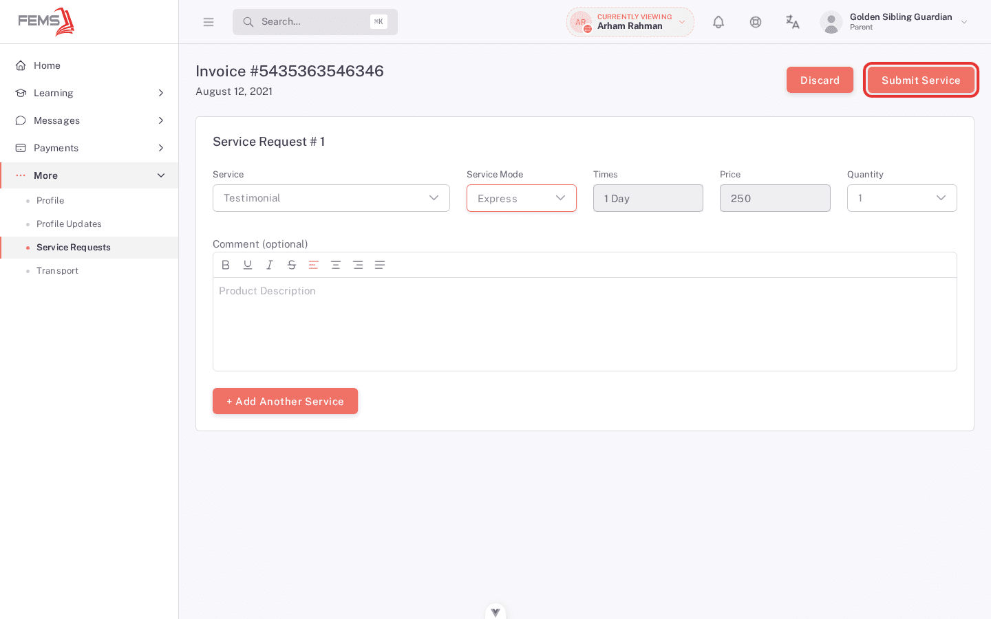 School service request form before submission