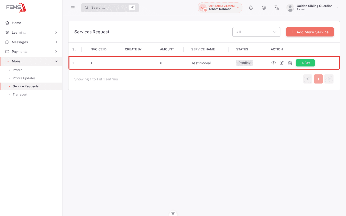 Submitted school service request shown in the request list