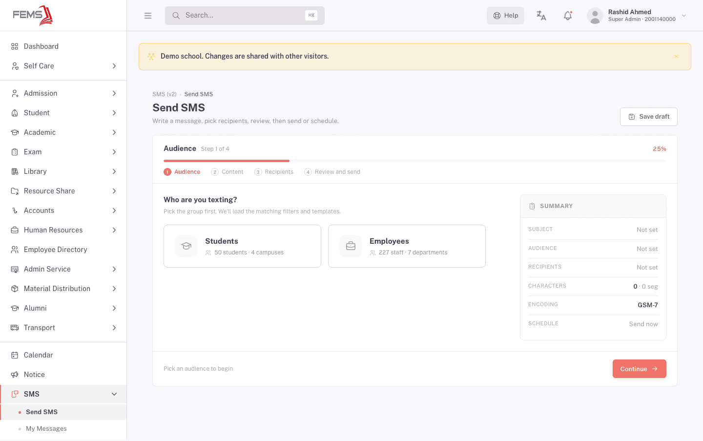 Step 1, Audience, with Students and Employees cards showing live counts