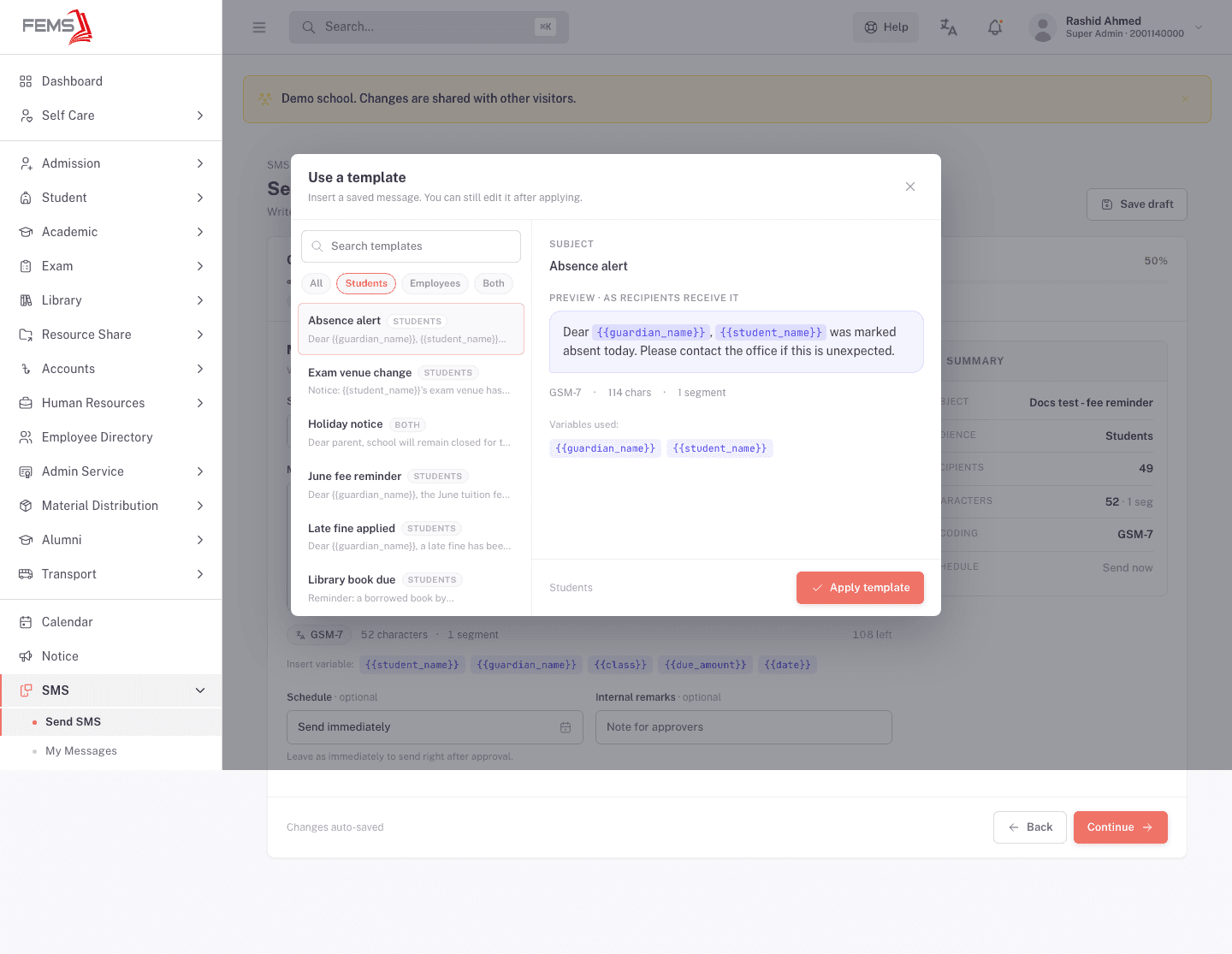 The template picker filtered to Students, showing a live preview with variables highlighted