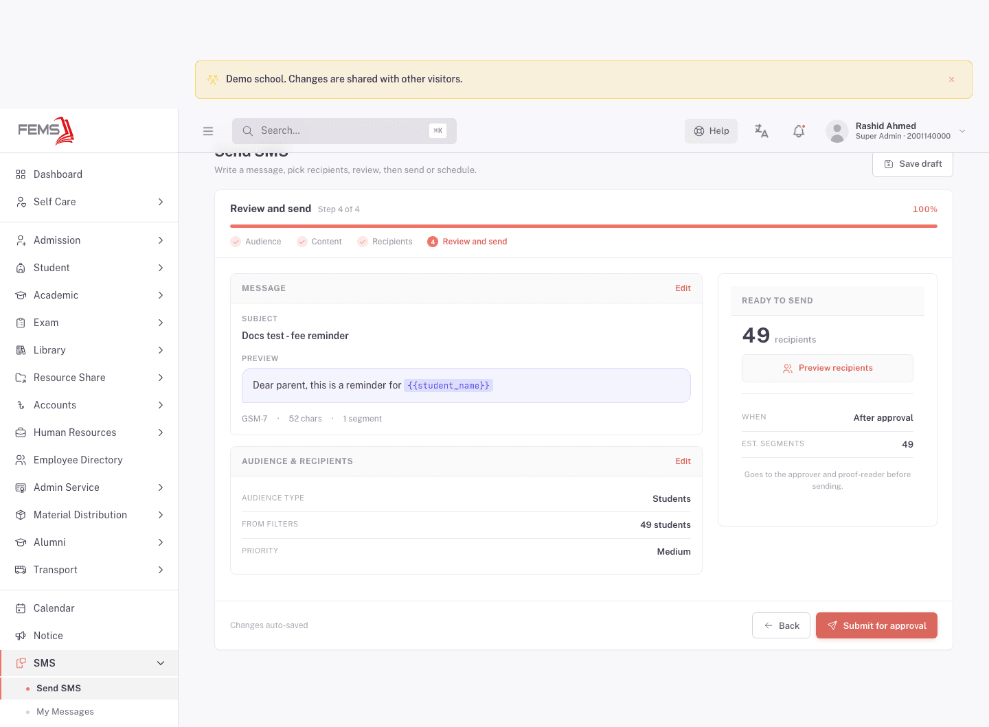 Step 4, Review and send, with the message preview and the Submit for approval button