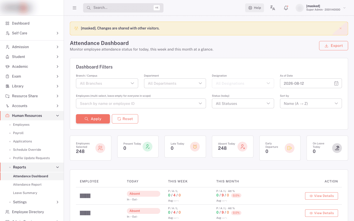 Attendance Dashboard with summary figures and an Absent status row