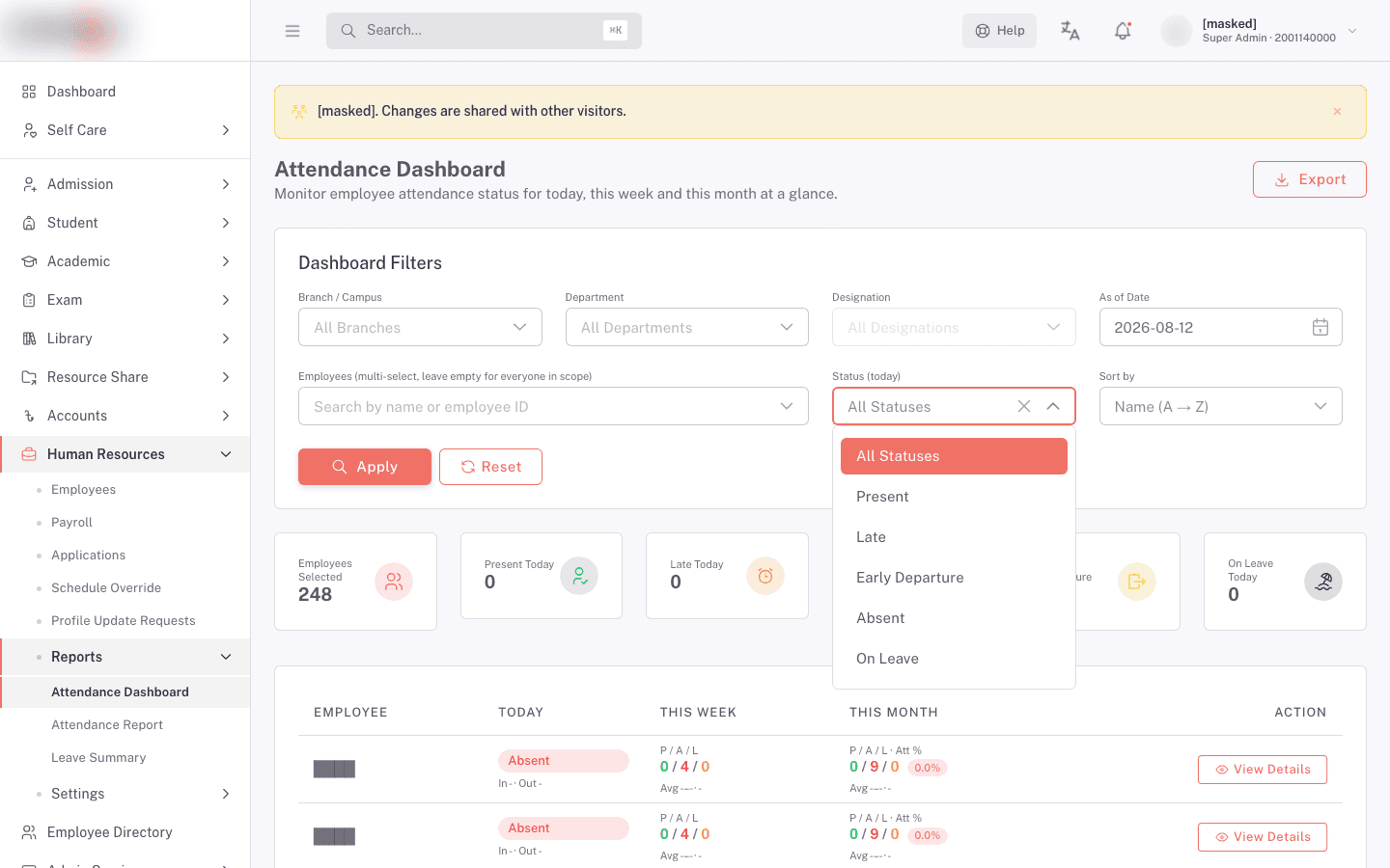 Attendance Dashboard Filters card with the Status dropdown open