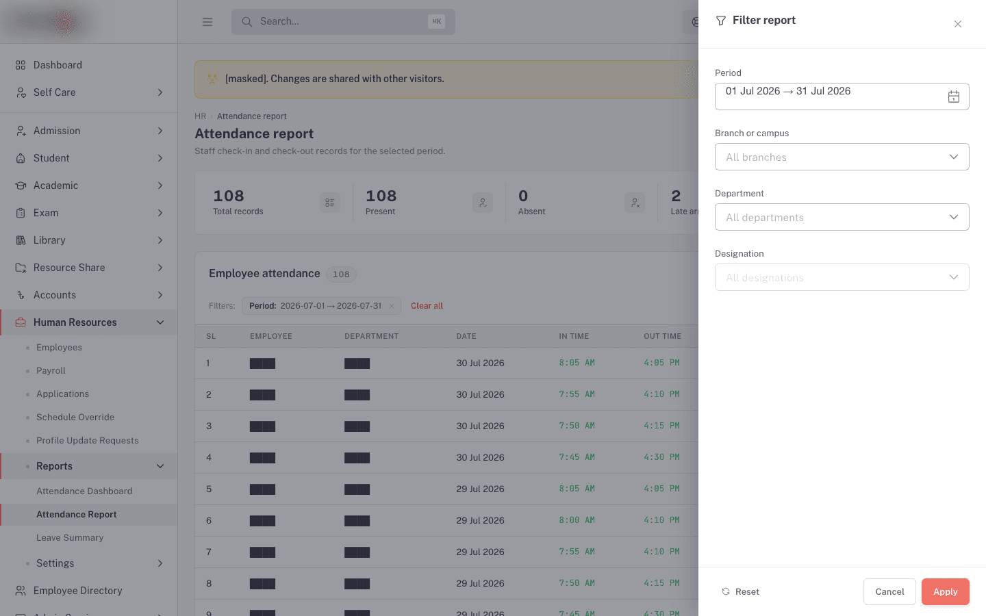 Attendance Report filter drawer with Period, Branch or Campus, Department, and Designation
