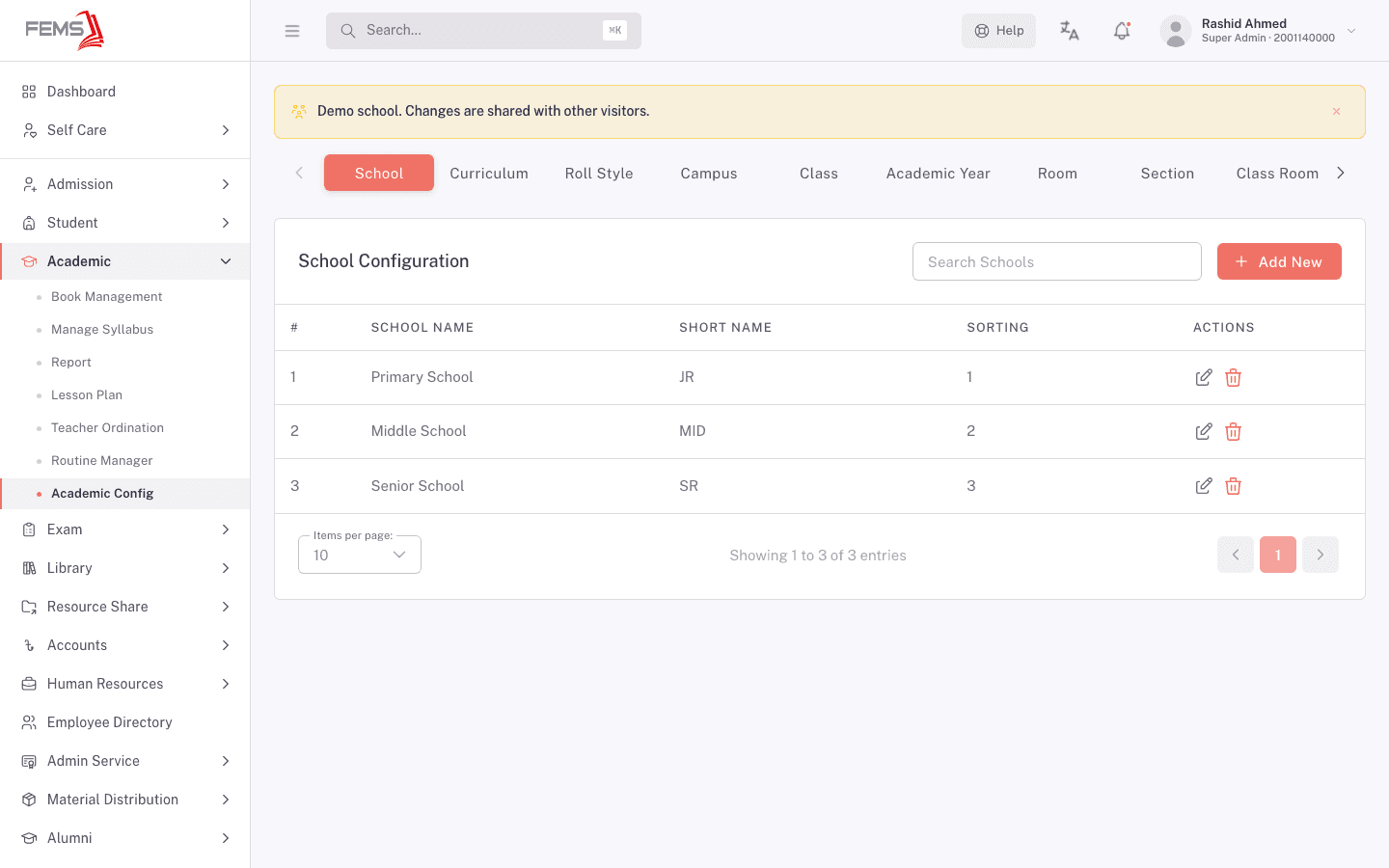 The Academic Config page showing the School tab, first nine tabs, and horizontal scroll control