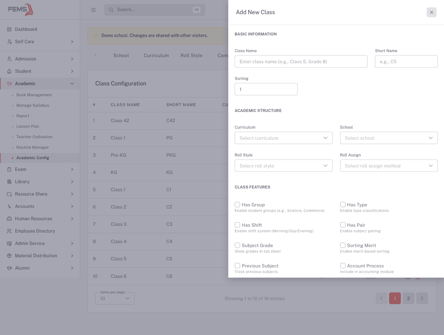 The Add New Class drawer showing basic information, academic structure, and the class feature switches