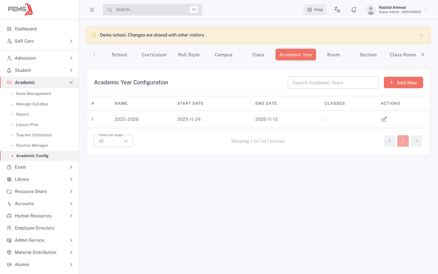 The Academic Year tab showing one configured year