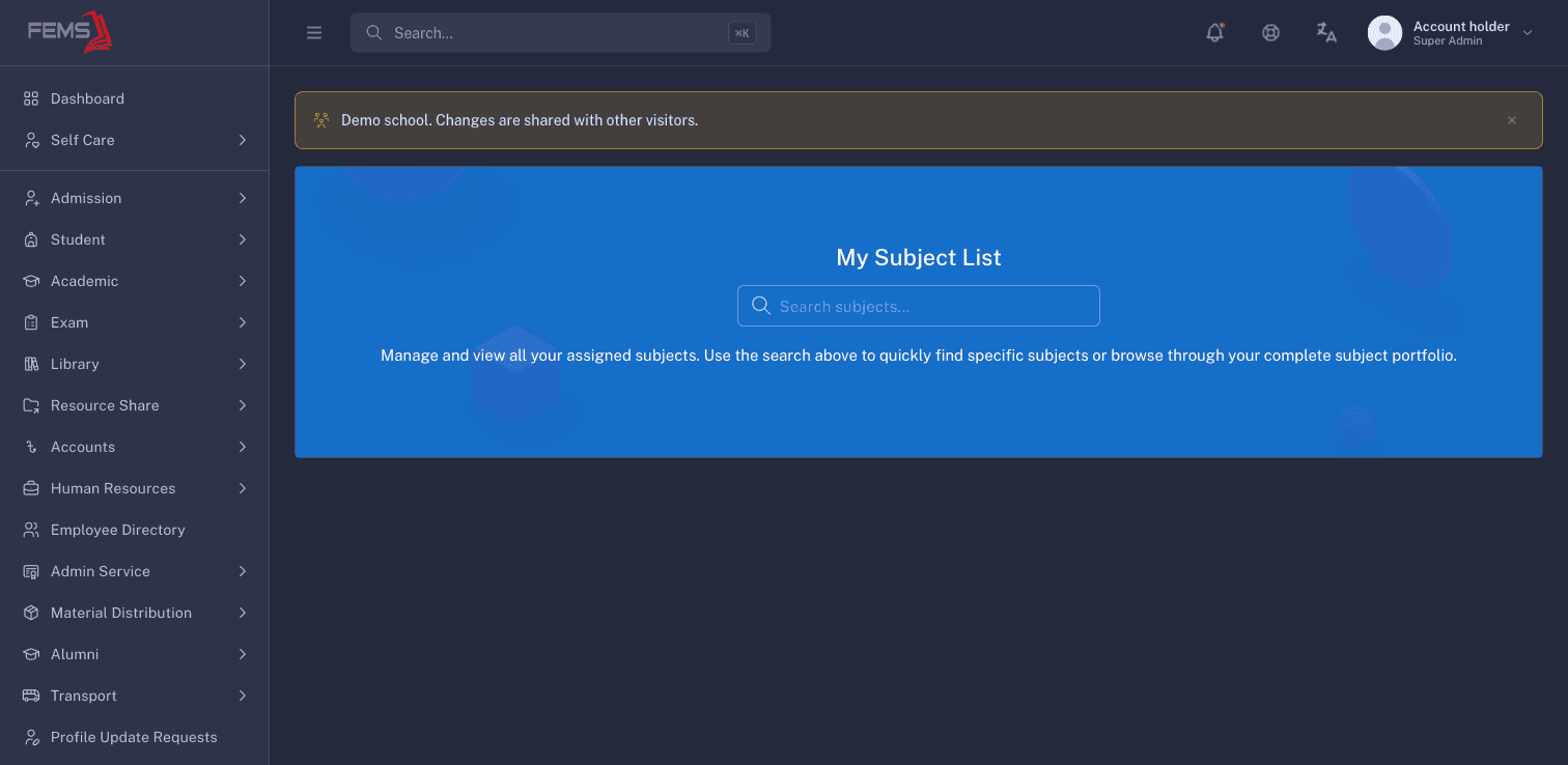 AI Center Subject List with no subject cards displayed