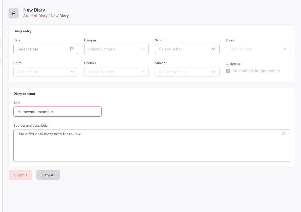The New Diary form showing the assign-to control