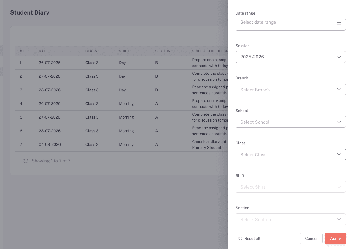 The diary list with its advanced filter panel expanded
