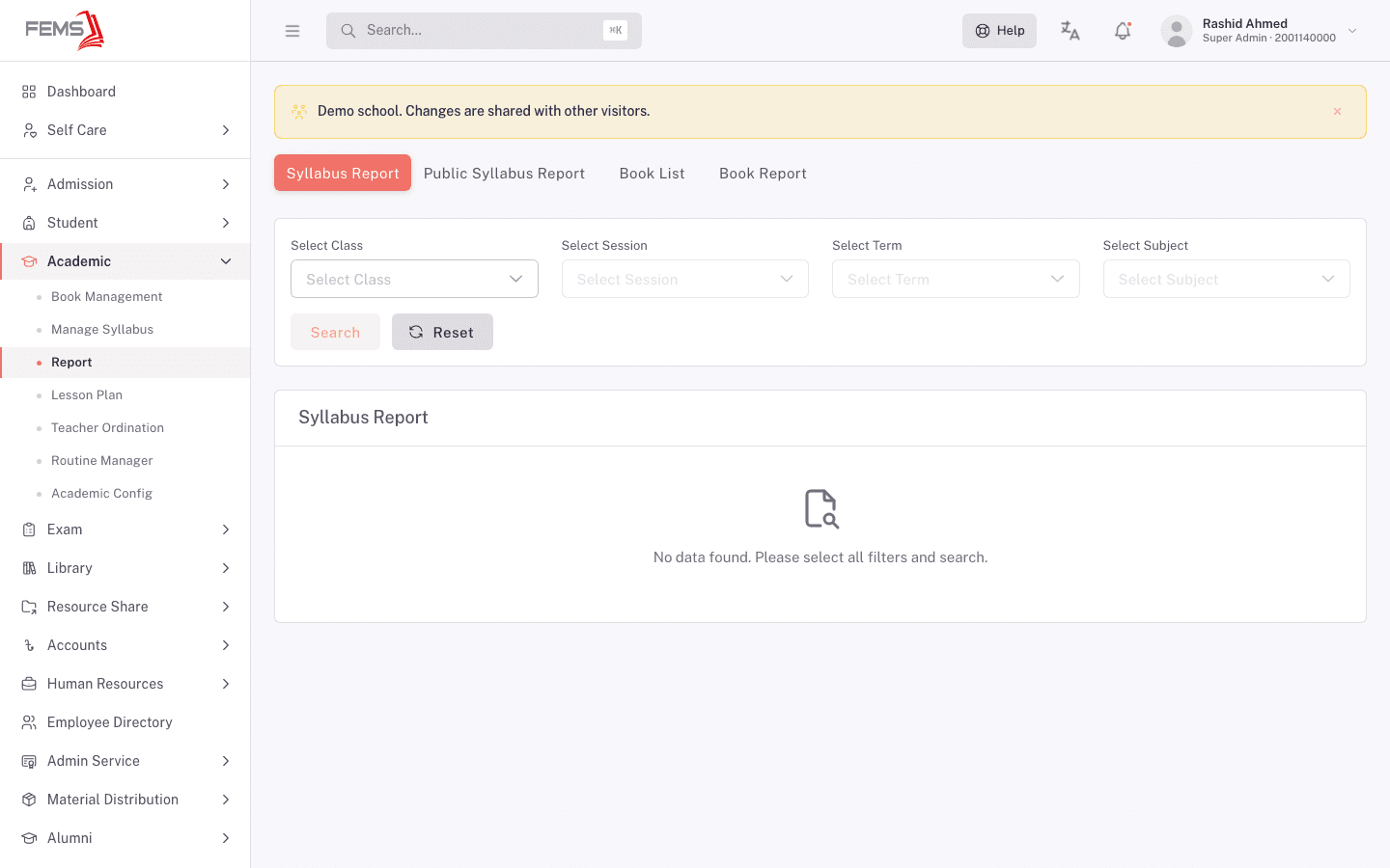 The Report screen showing the four report tabs and the syllabus report filters