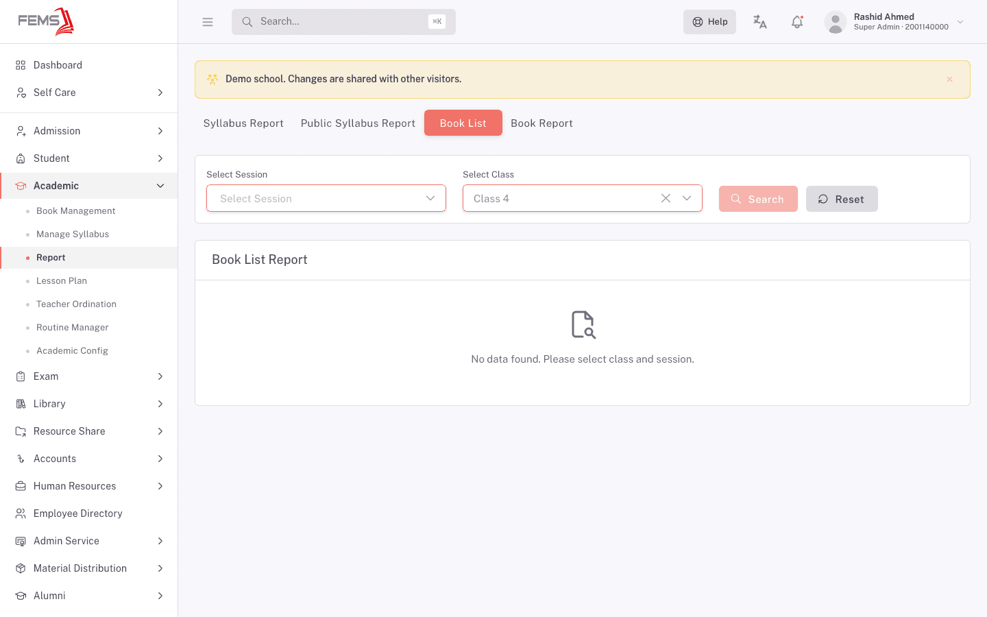 The Book List report with its session and class filters