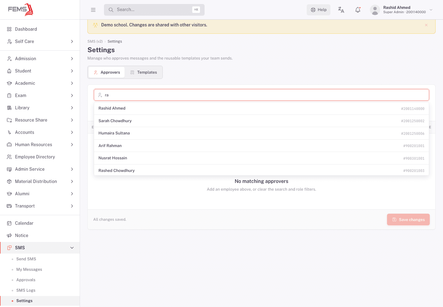 Approvers tab with the "No matching approvers" empty state and the add-employee search open, showing a matched-name dropdown