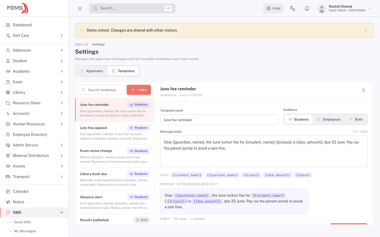 Templates tab with a template selected, showing the editor, the Insert variable chips, the live preview, and the character/segment counter