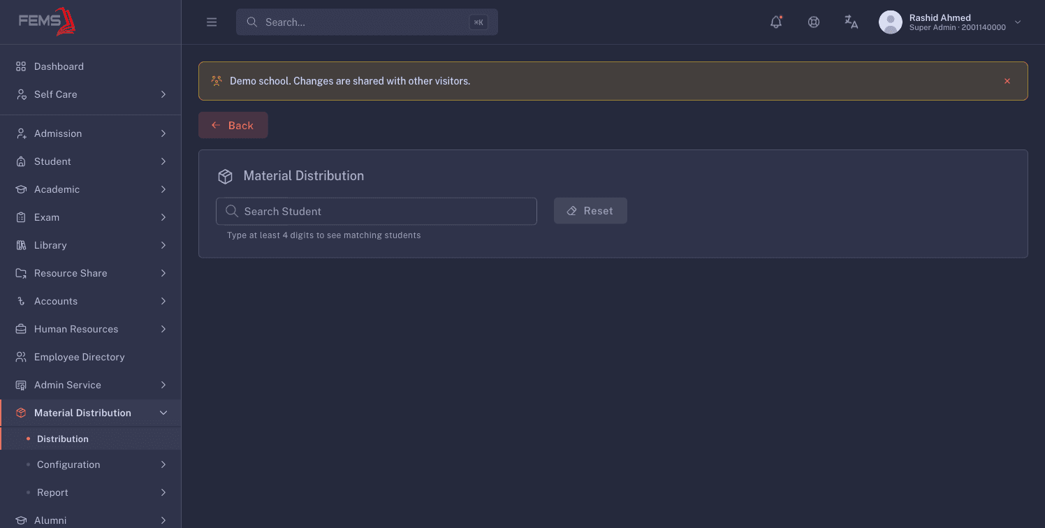 The Material Distribution page with the student search field