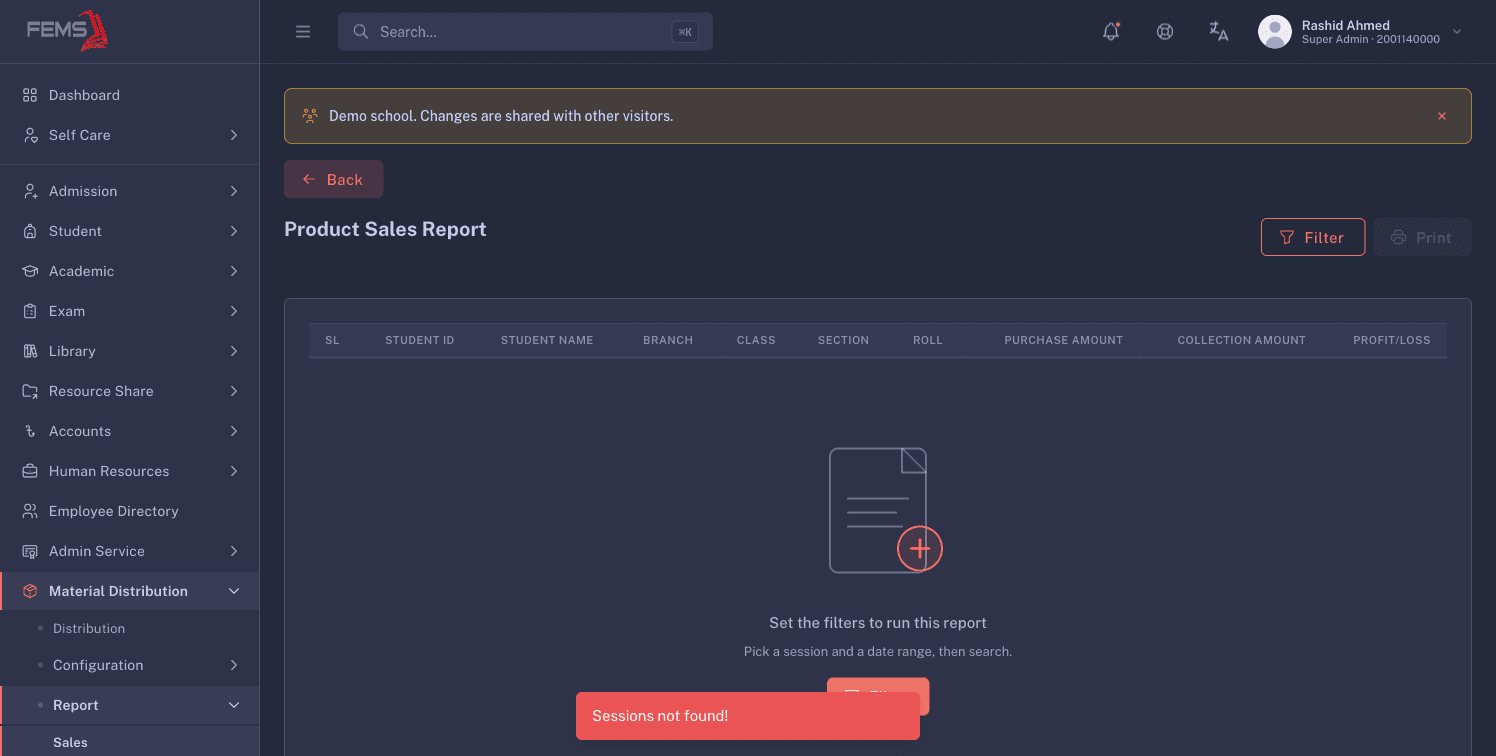 The Product Sales Report before filters are applied