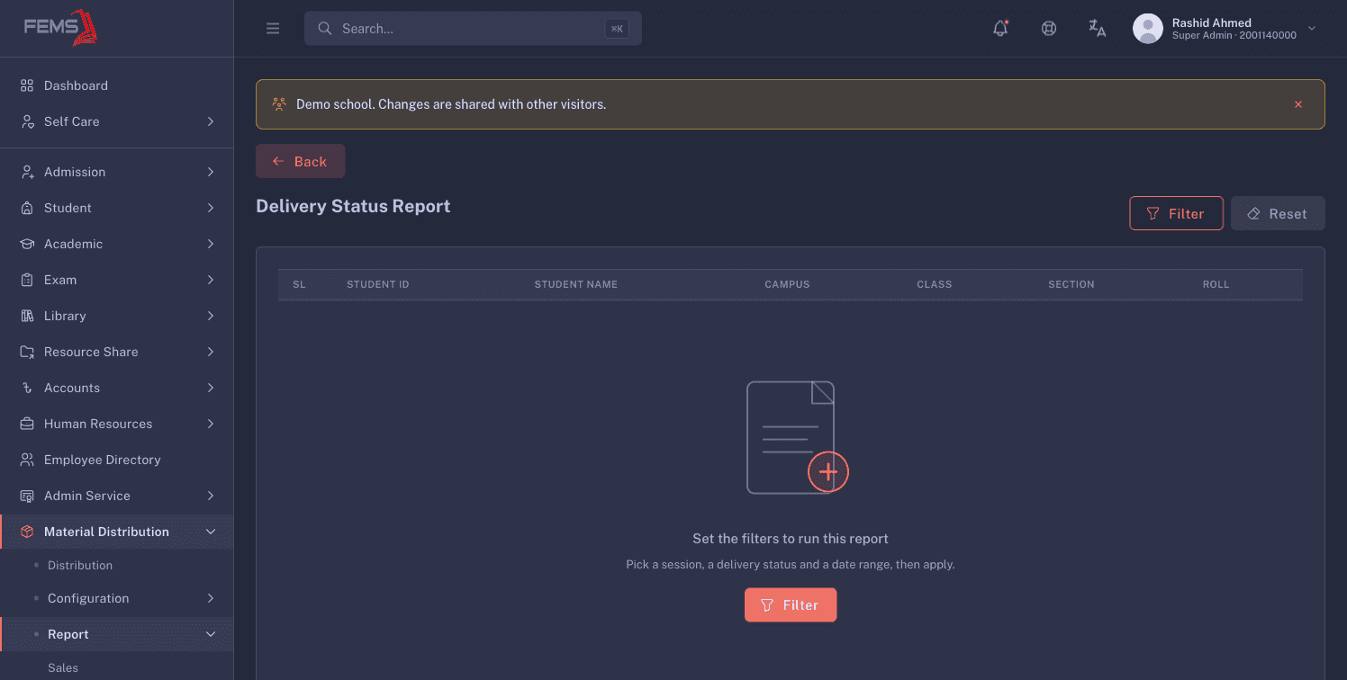 The Delivery Status Report before filters are applied