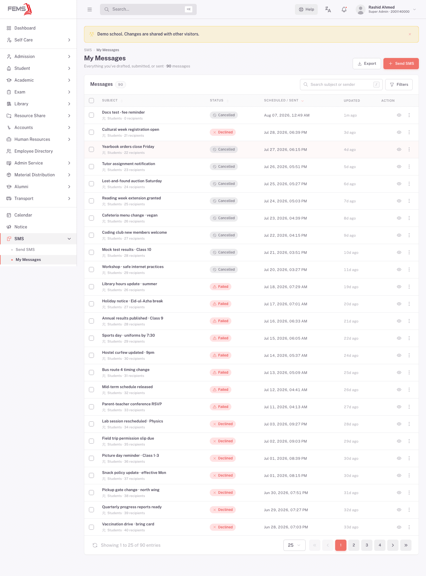 My Messages list showing a mix of Cancelled, Failed, and Declined status chips