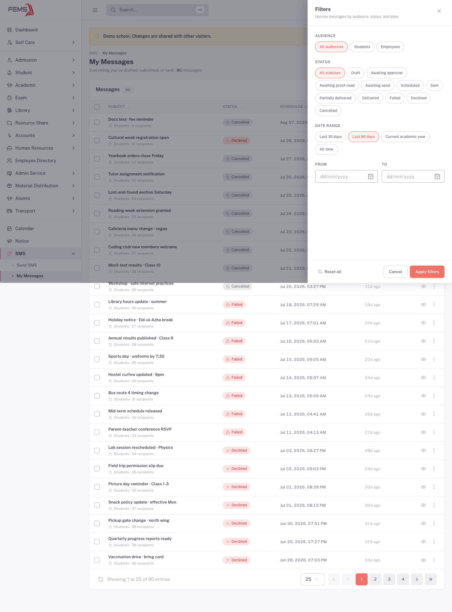 Filters drawer open, showing Audience, Status, and Date range controls