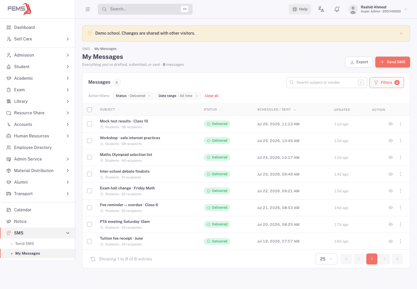 Messages list narrowed to Delivered status, with active filter chips shown above the table