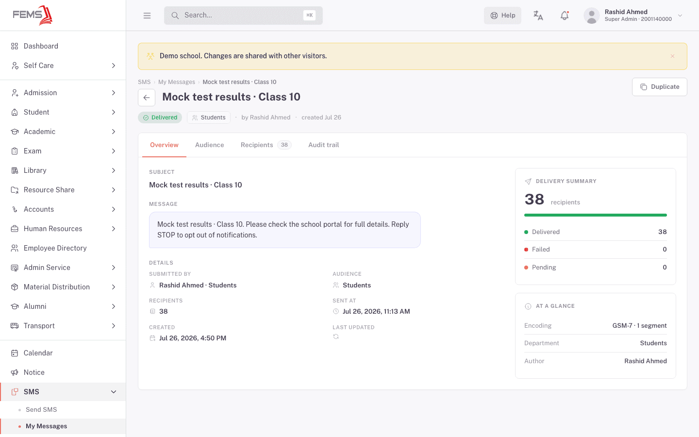 Detail page for a Delivered message, with the message body, details, and delivery summary card
