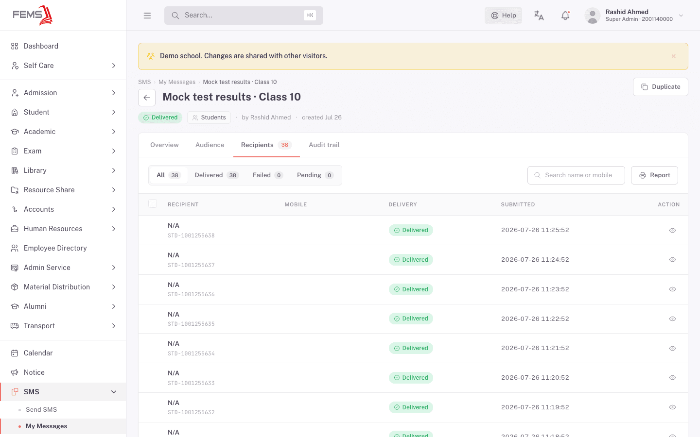 Recipients tab for a fully Delivered message, with mobile numbers masked
