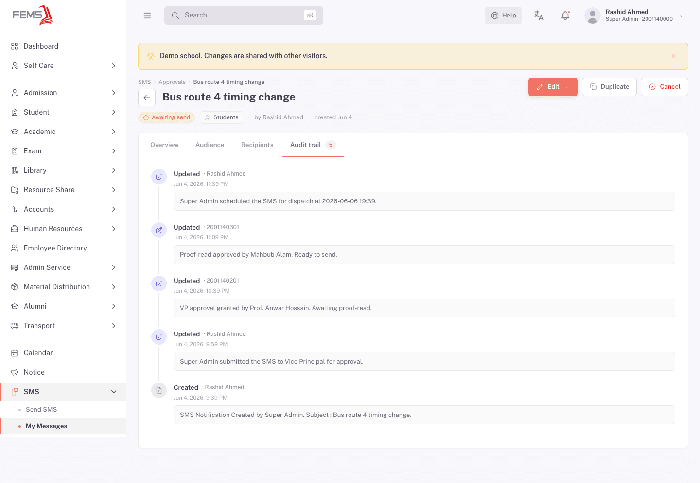Audit trail for a message that moved cleanly through proof-read, approval, and scheduling