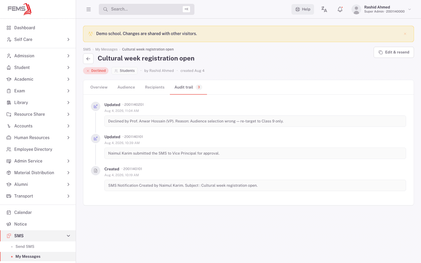 Audit trail for a Declined message, showing who declined it and their stated reason