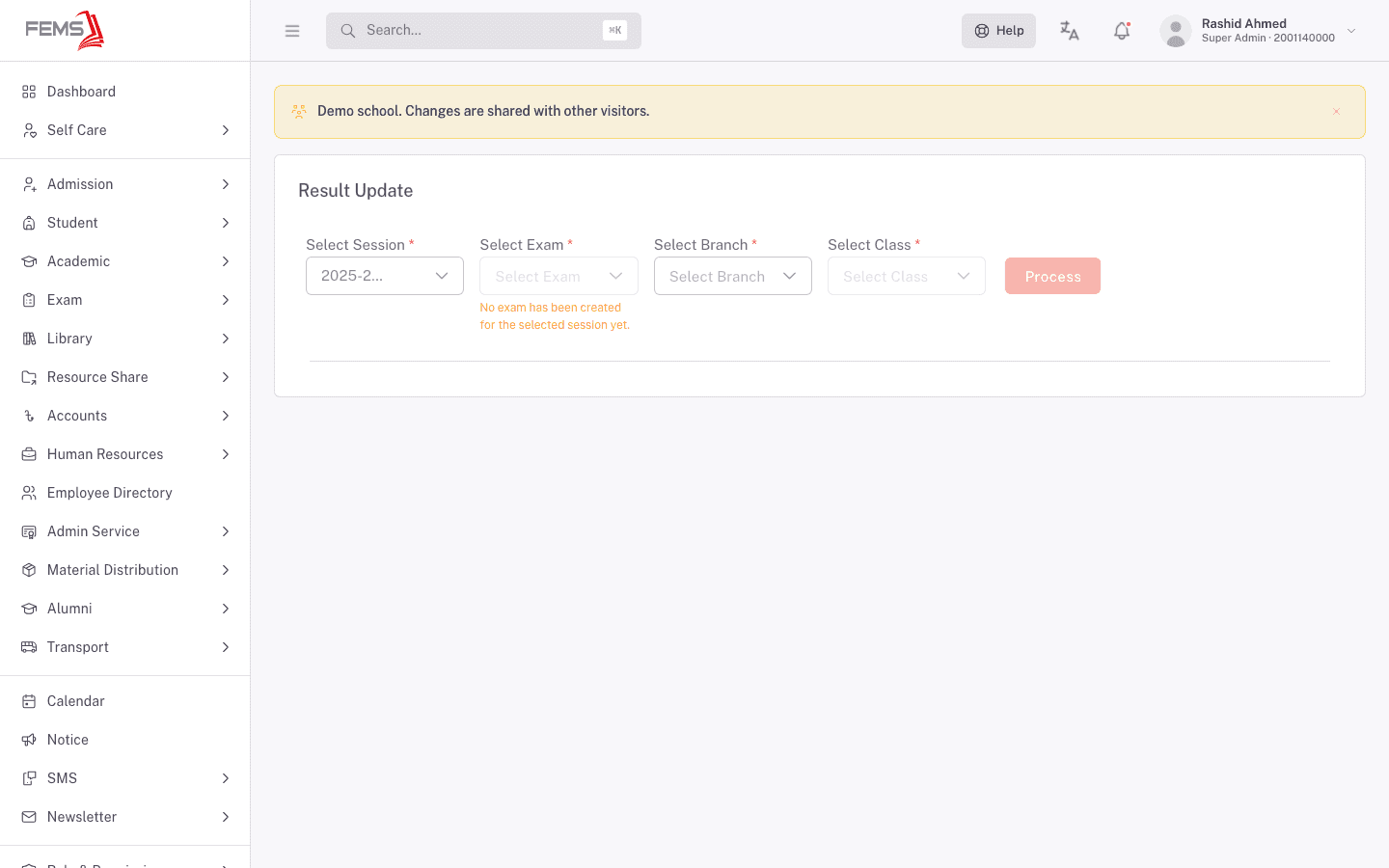 The Result Update screen with its session, exam, branch, and class filters