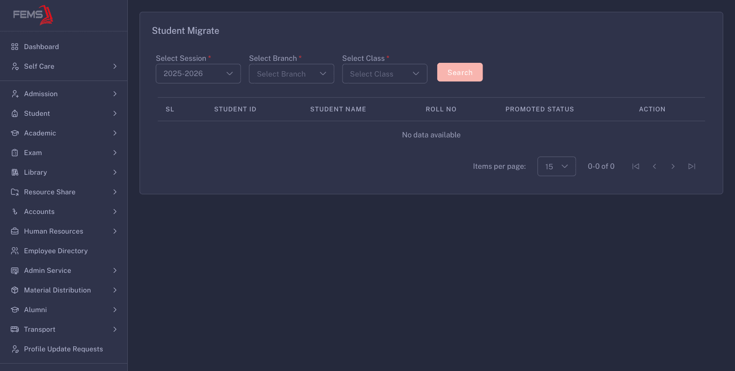 Student Migrate with session, branch, and class filters and an empty results table