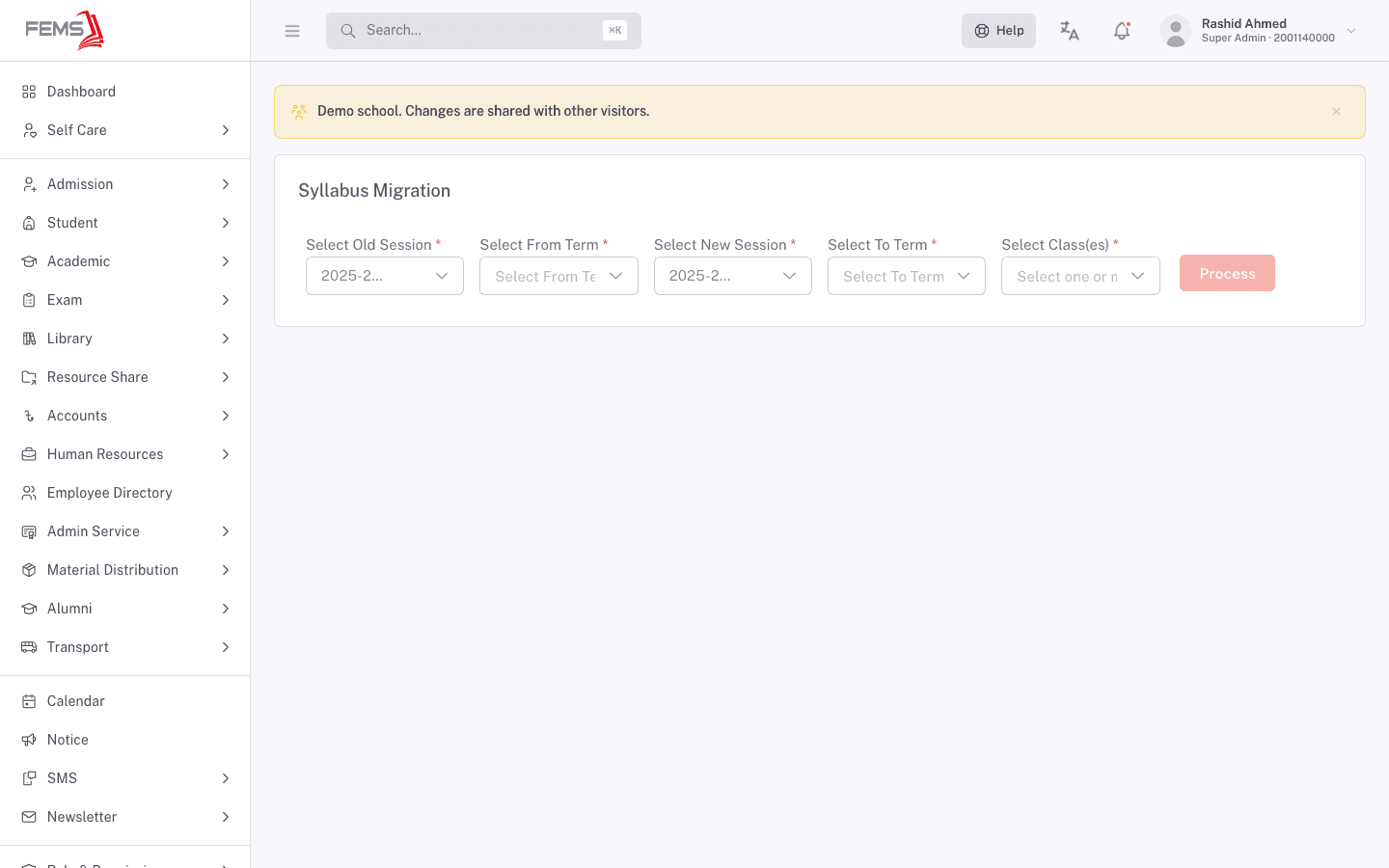 The Syllabus Migration screen with old and new session and term selectors