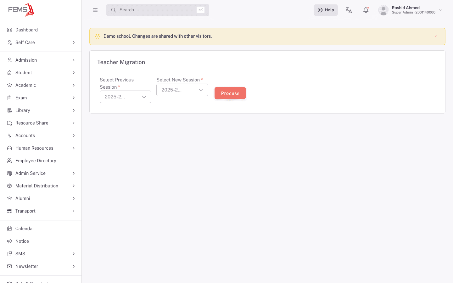 The Teacher Migration screen with previous and new session selectors