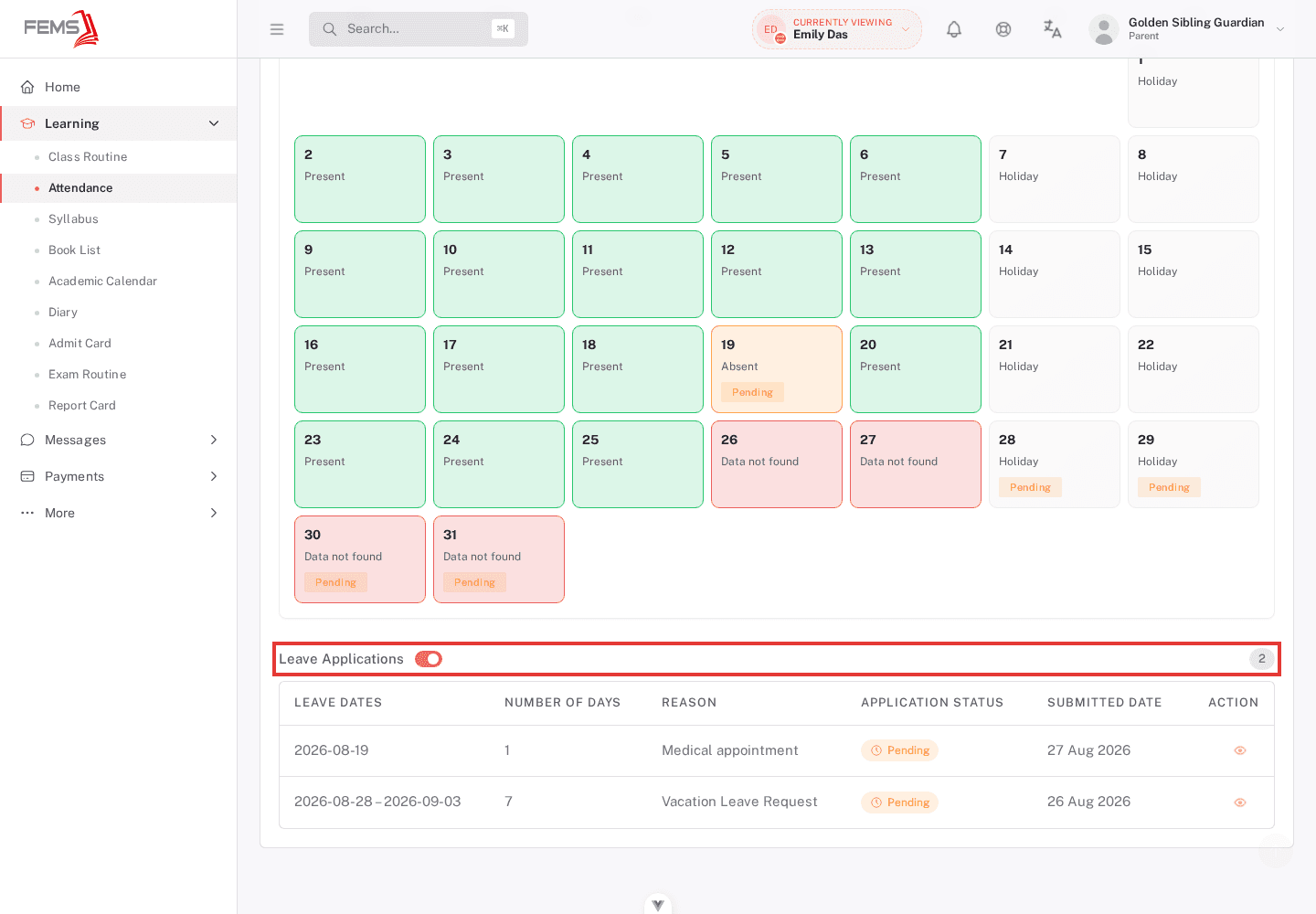 Leave Applications list showing request status