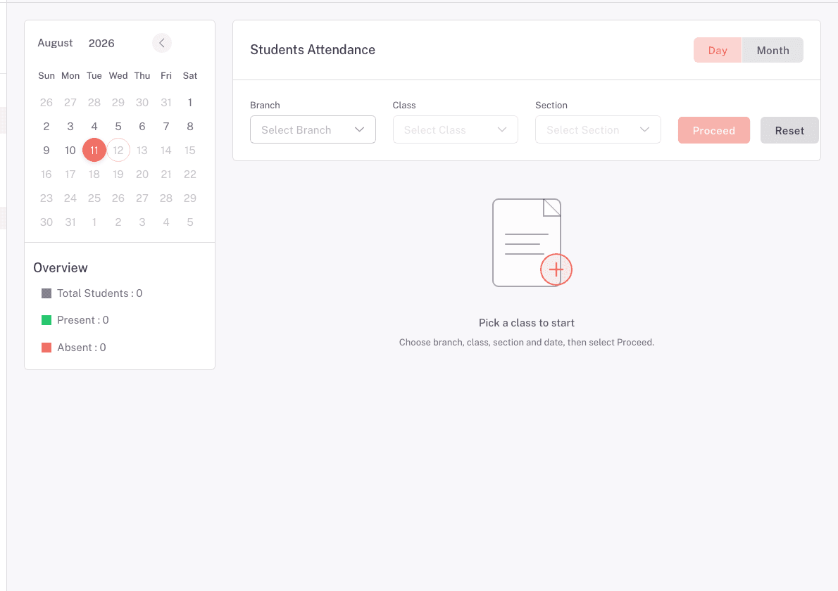 The attendance filters with the Day and Month toggle