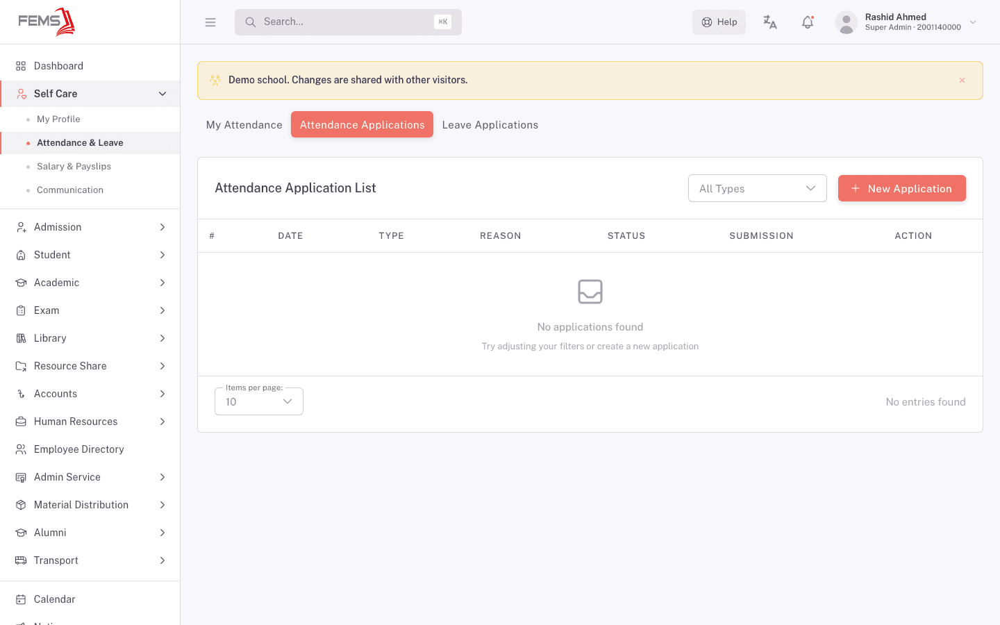Attendance Applications tab, empty list with a New Application button
