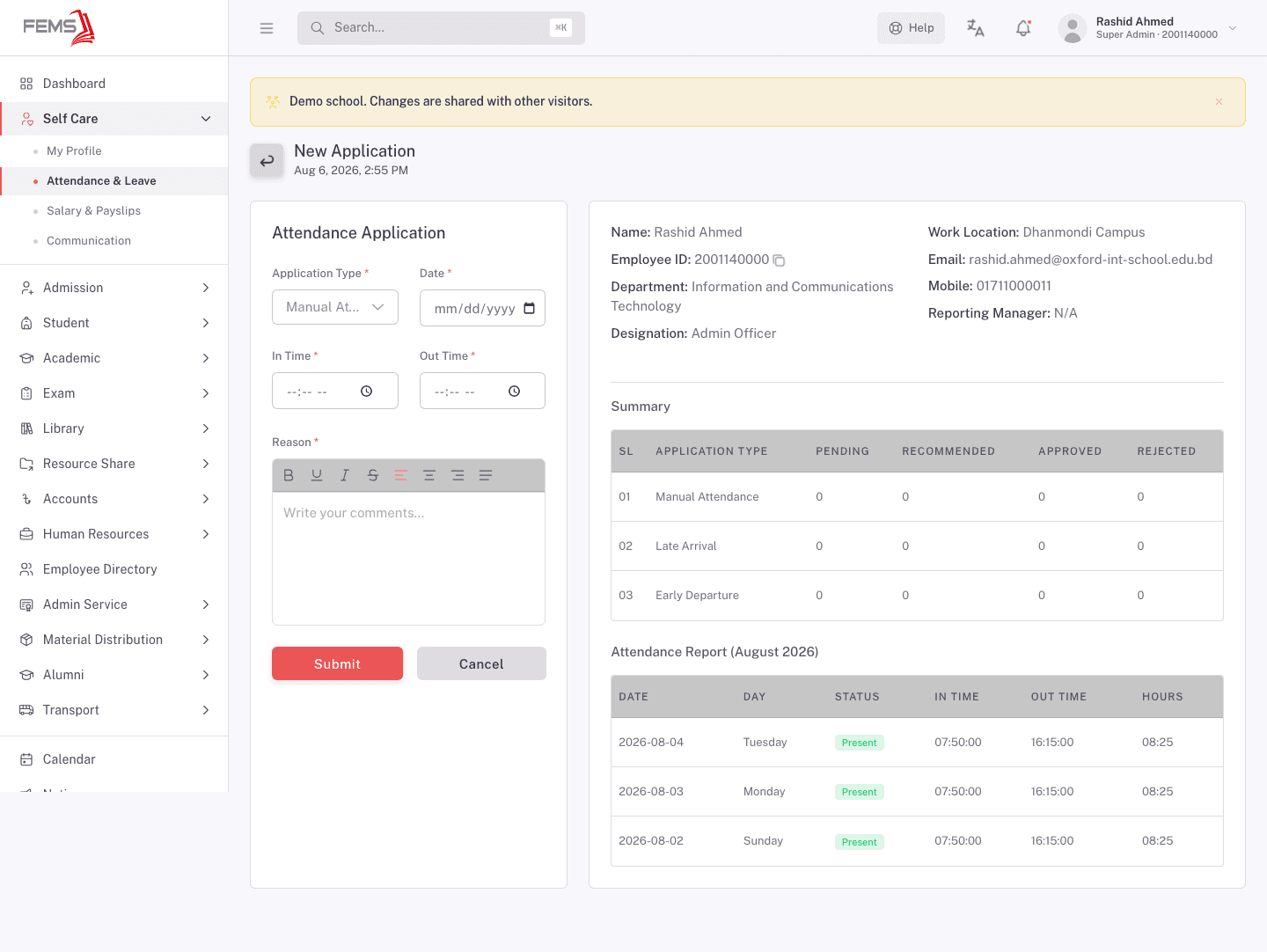 New attendance application form, with employee summary and per-type application counts alongside it