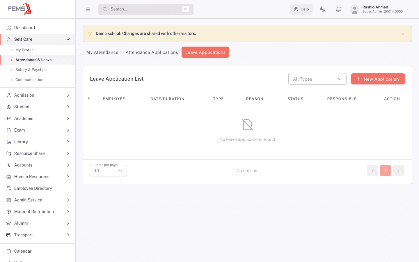 Leave Applications tab, empty list with a New Application button