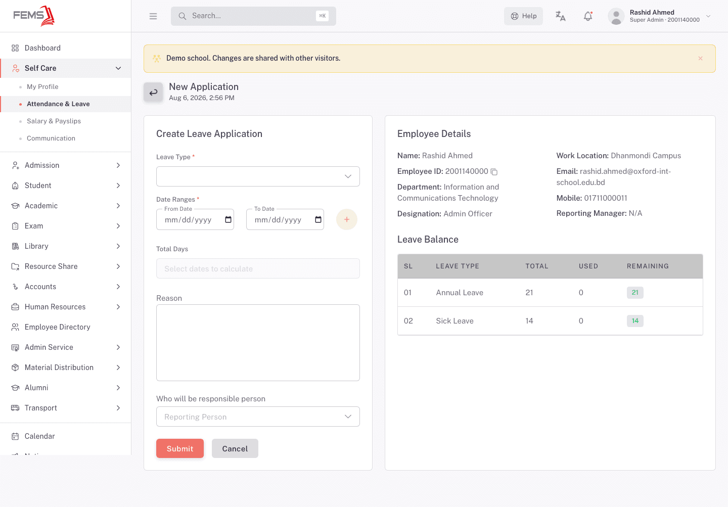 New leave application form, with employee details and a leave balance table alongside it