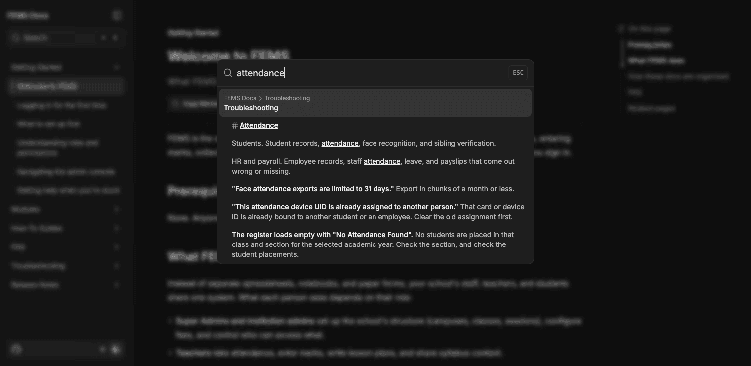 Knowledge Base search results for attendance, grouped by documentation section
