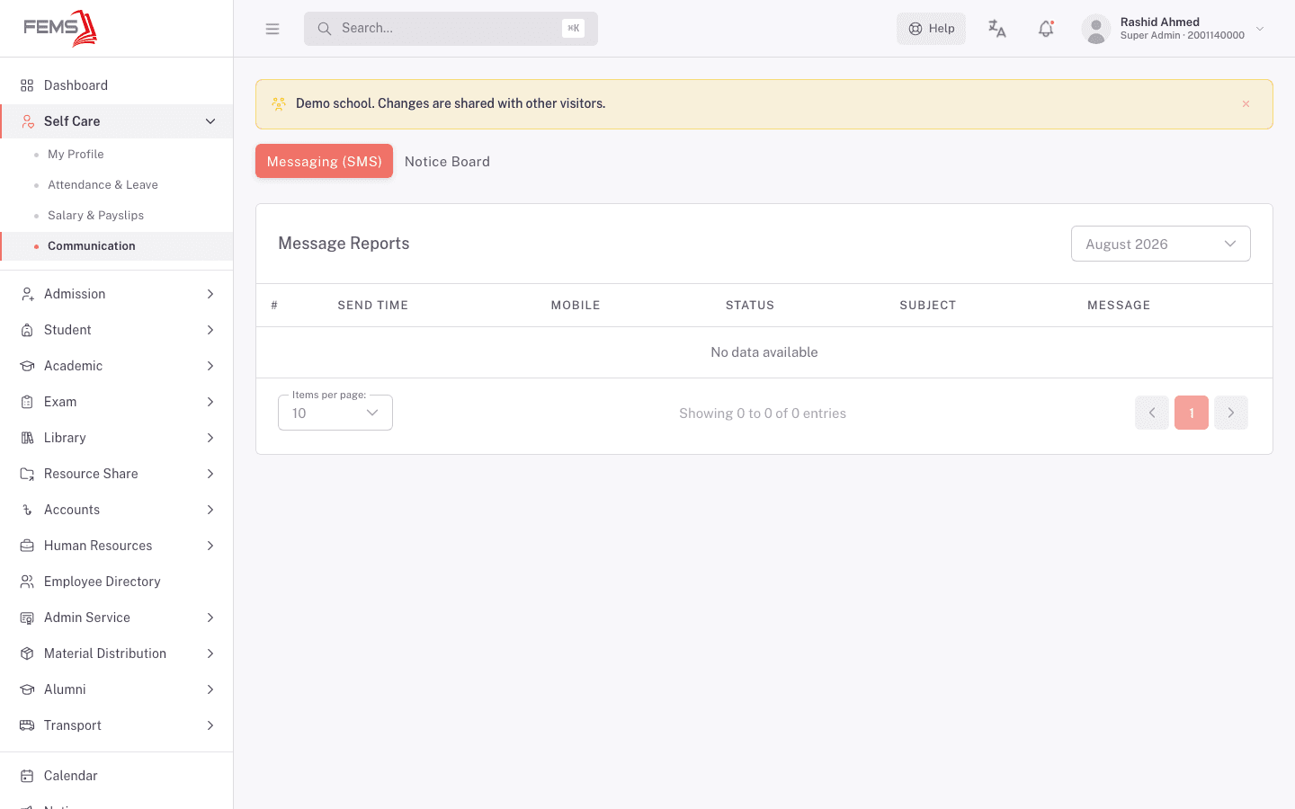Messaging (SMS) tab, Message Reports table for August 2026 with no messages that month