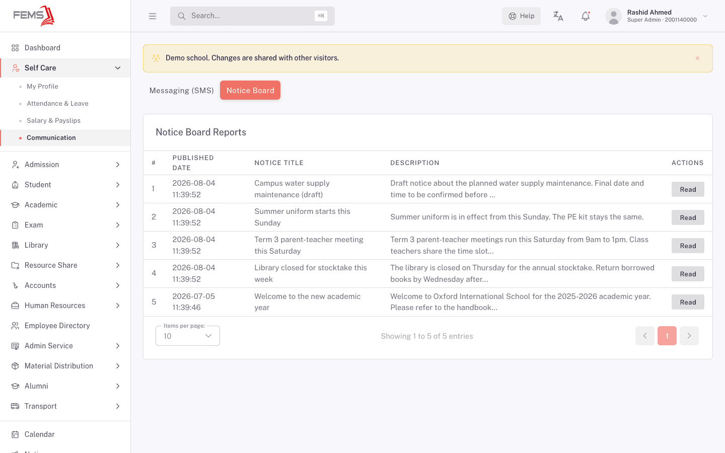 Notice Board tab listing published notices with a Read action on each row