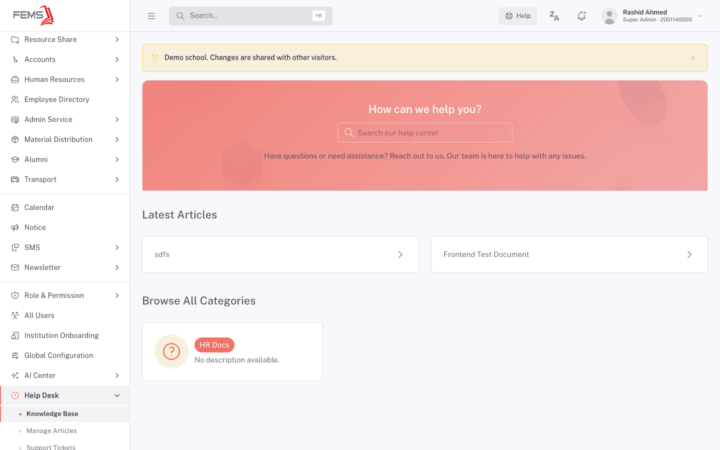 The Knowledge Base home page with search, latest articles, and categories